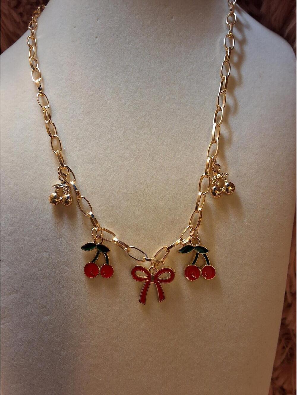 FASHION GOLD CHERRY RED BOW 5 CHARM NECKLACE